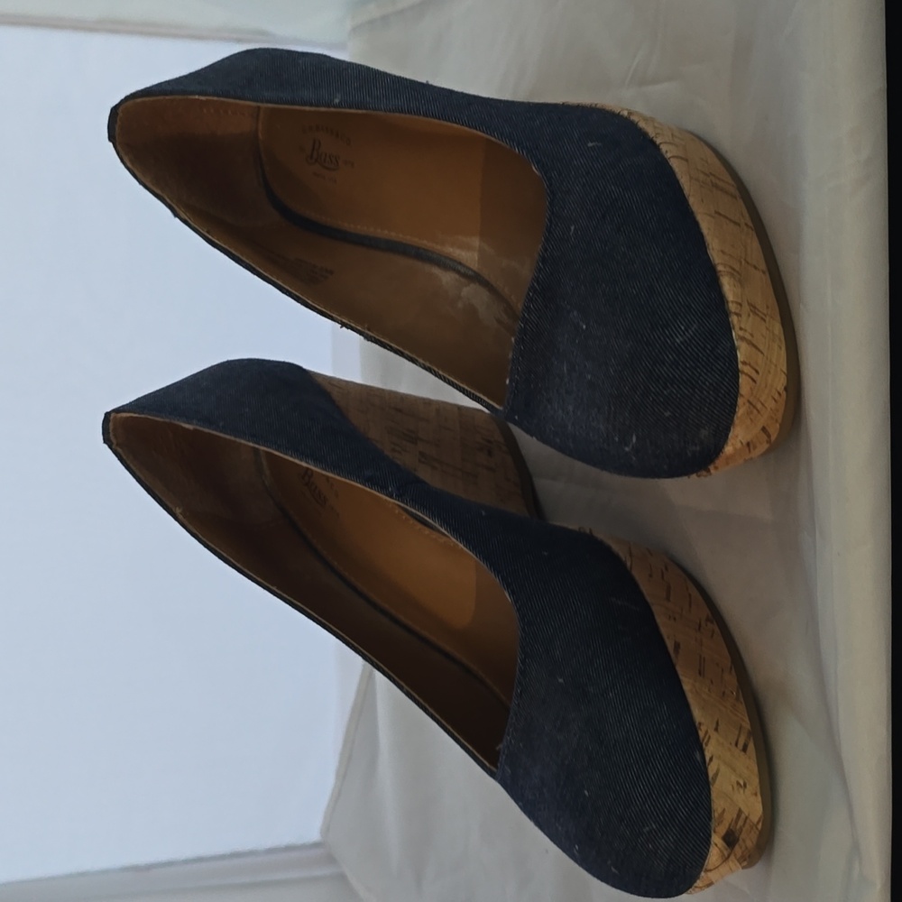 GH Bass denim and cork wedge pumps